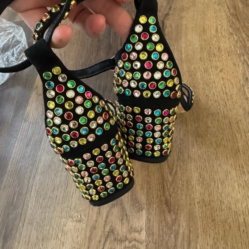 Sandro Jaden Crystal-Embellished Suede Heeled Sandals in Black - Picture 4 of 9